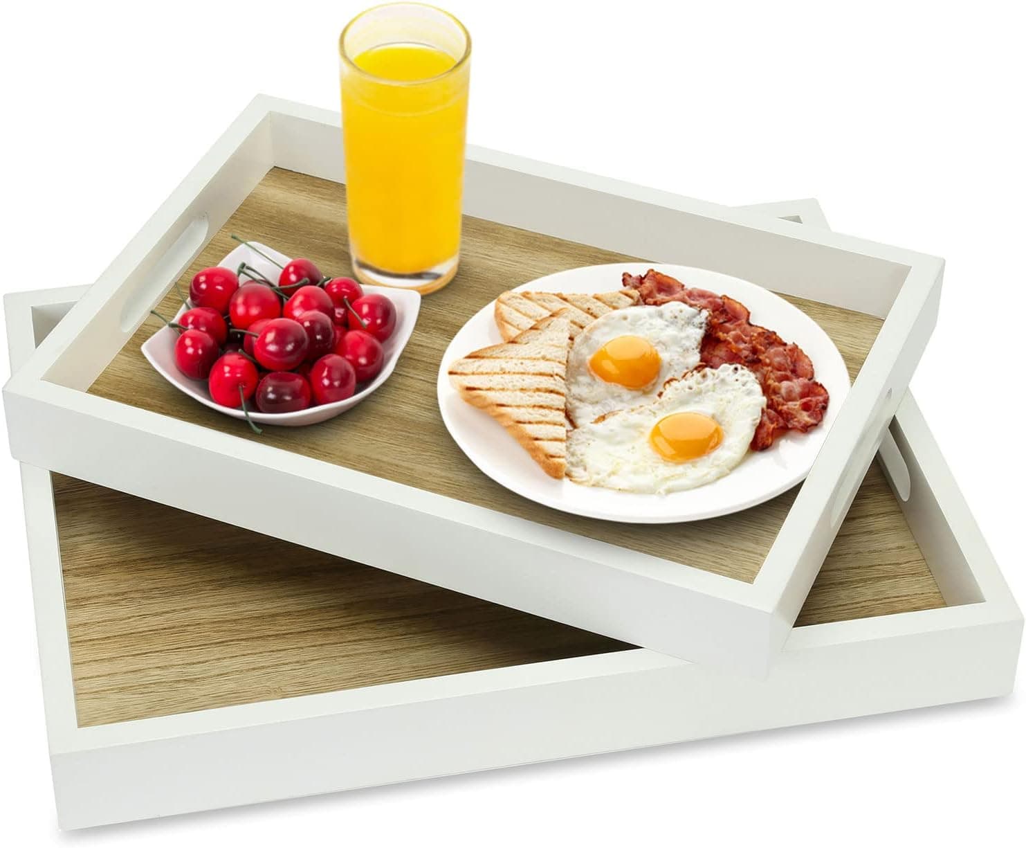 MyGift Decorative Natural Solid Wood Serving Tray Set with Handles, Nesting Breakfast Coffee Table and Ottoman Storage Tray, 16.5 x 11 and 15 x10 Trays, Set of 2