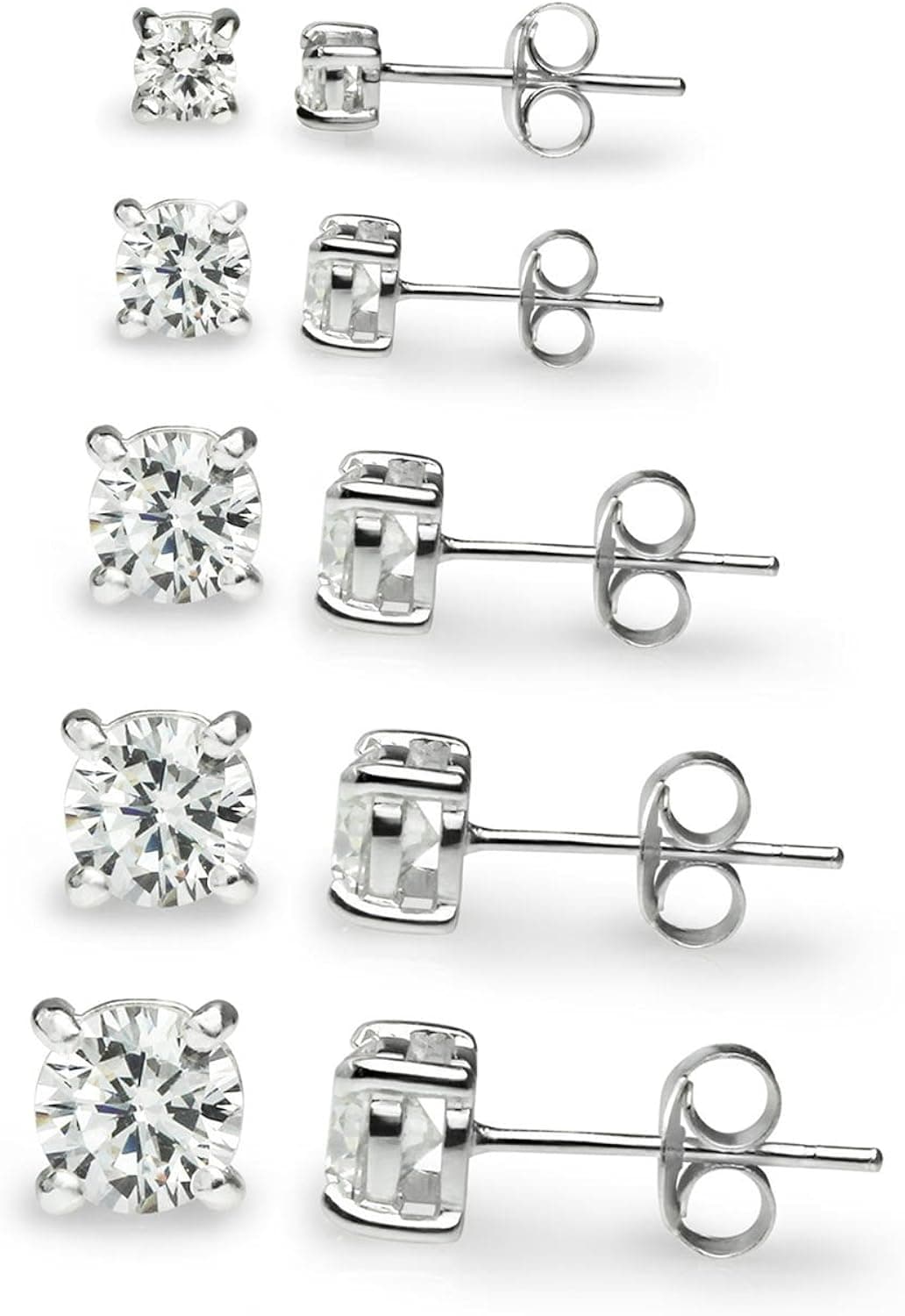 Silverline Jewelry 5 Pair Set 925 Sterling Silver Round CZ Earrings Studs 3mm 4mm 5mm 6mm 7mm