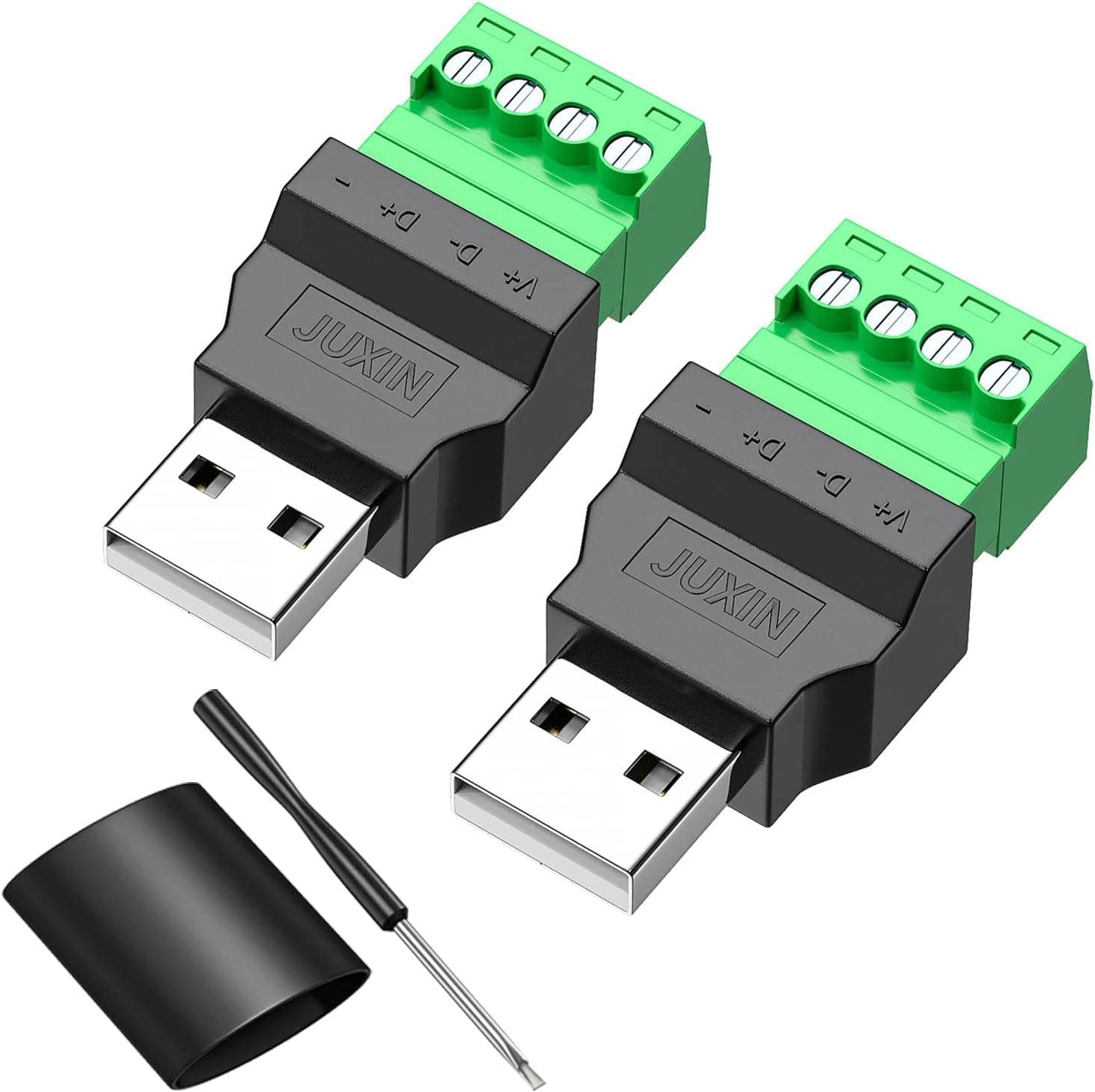 JUXINICE 2Pack Solderless USB Connectors, USB 2.0 Screw Terminal Block Adapter Connector Converter DIY USB2.0 A Male Adapter Connector USB Breakout Board with Black Heat Shrink tubing