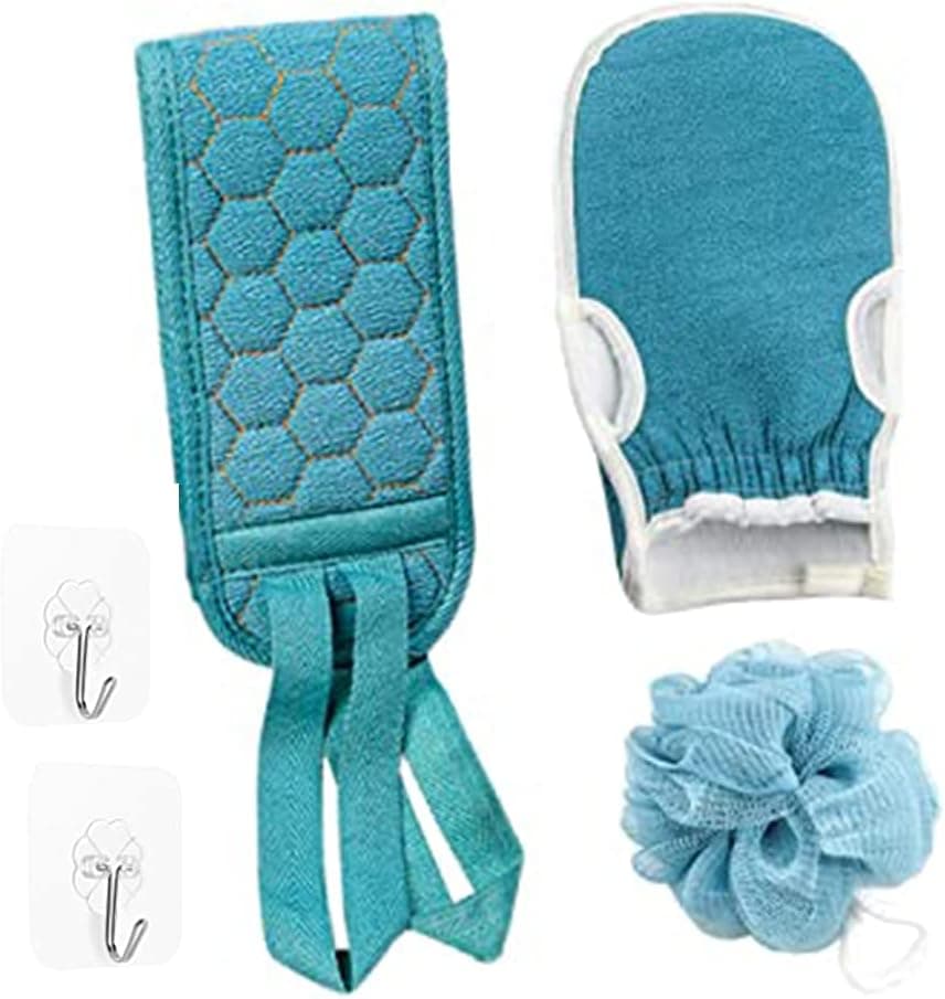 Feirun Exfoliating Back Scrubber for Shower, Bath Scrub Loofah Sponge, Gloves Mitt for Body Exfoliation, 3 Pcs Bathroom Accessories Back Brush Washer Exfoliator for Men and Women (Bule)
