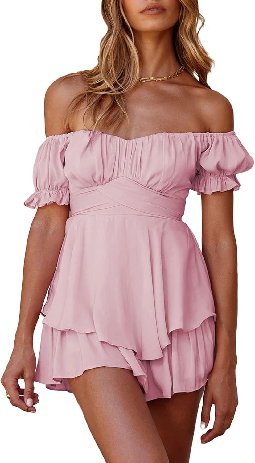 Fixmatti Women Boho Romper Off Shoulder Ruffle Chiffon Shorts Jumpsuit Playsuits