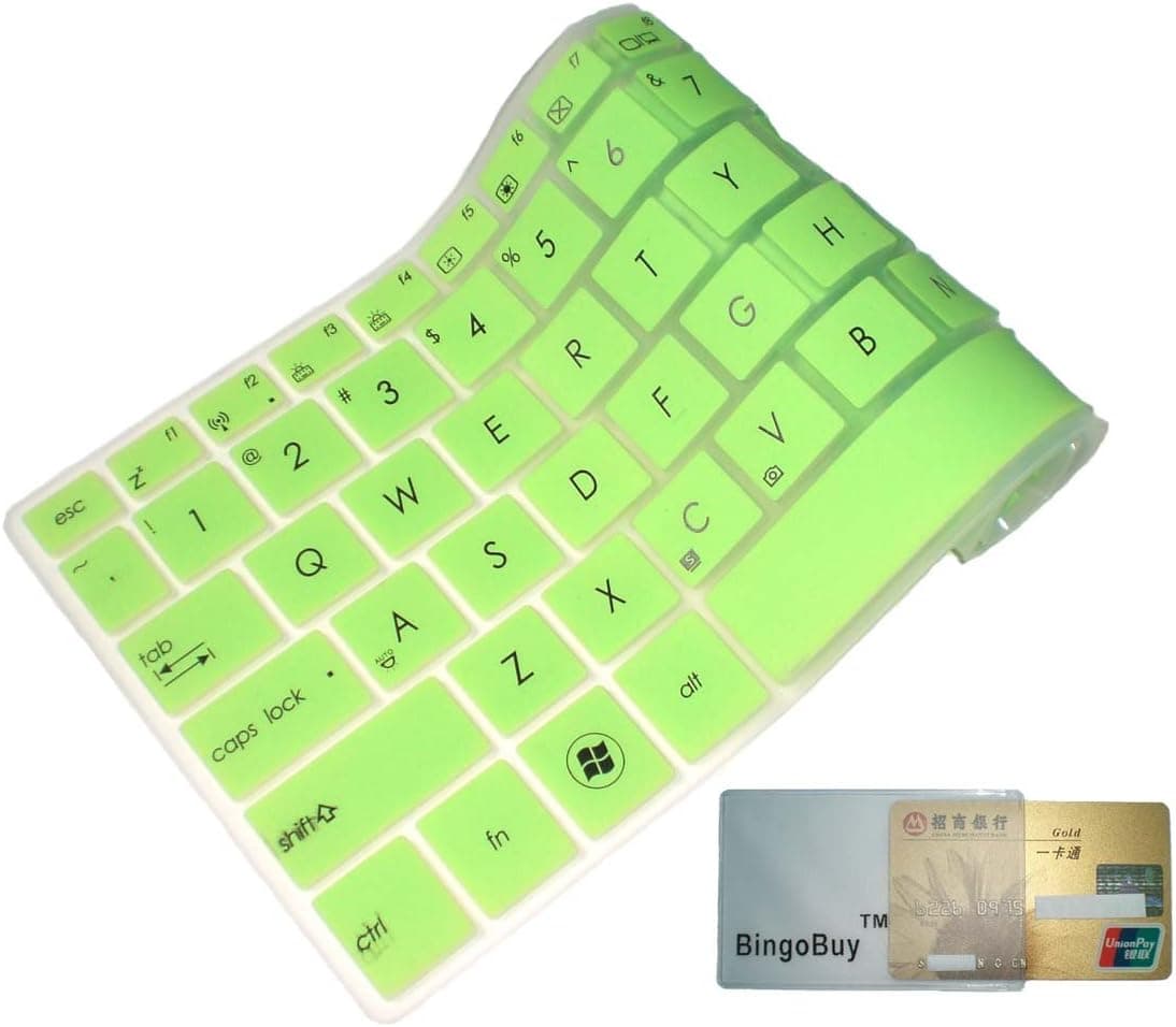 BingoBuy Semi-Green Ultra thin Backlit Silicone Keyboard Protector Skin Cover for ASUS Transformer Book TX300, Taichi 31, ZENBOOK UX31E, UX31A, UX32A, UX32VD, UX301 LA, UX301LA, UX302 LG, UX302LG, UX303LA, UX303LN, UX42, Q302LA (if your "enter" key looks like "7", our skin can't fit)with BingoBuy Card Case for Credit, Bank, ID Card
