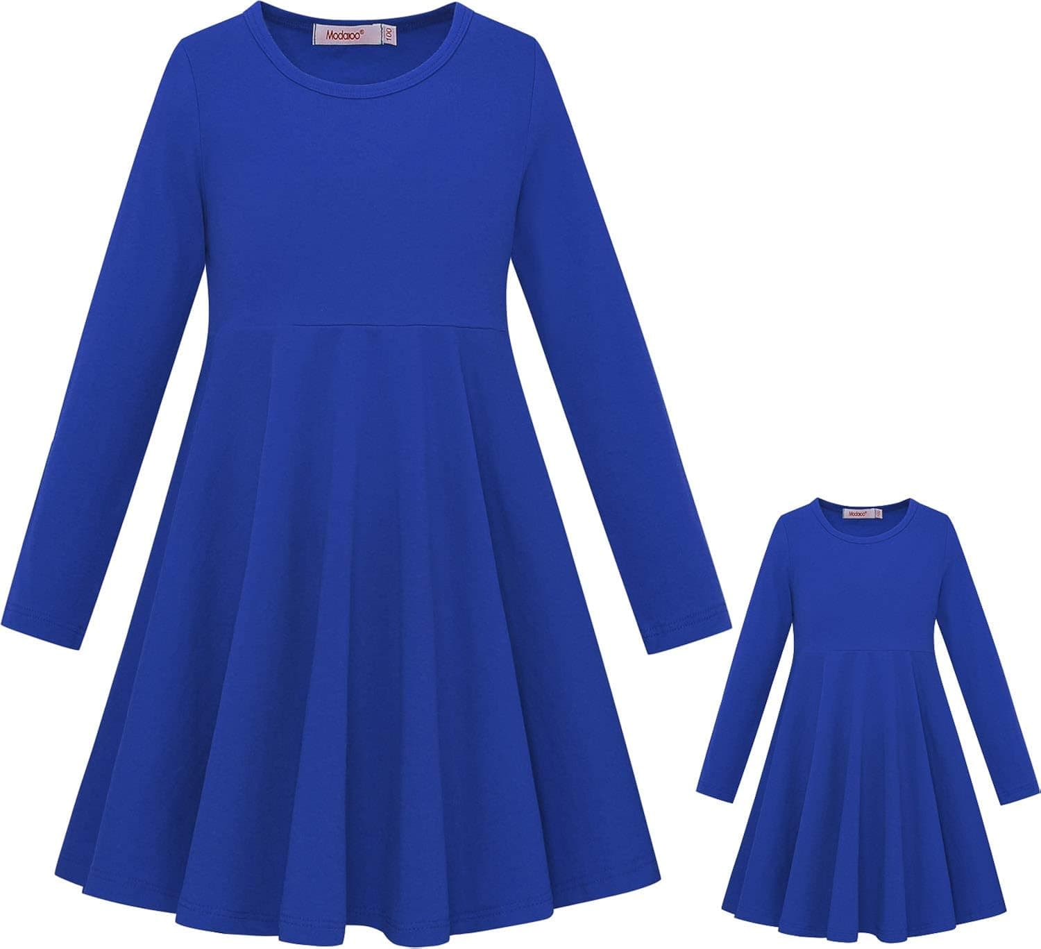 ModaIoo Matching Dolls & Girls Long Sleeve Dress,A-Line Skater Twirly Casual Solid Dresses for Kids