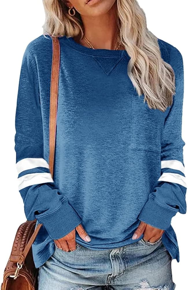 Bwogeeya Womens Casual Long Sleeve Sweatshirt Stripes Pocket Crew Neck Cute Pullover Relaxed Fit Tops