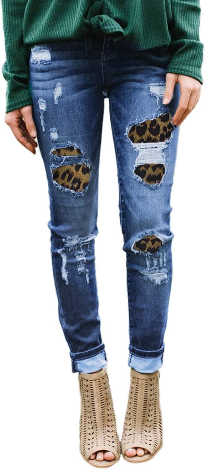 Sidefeel Women Buffalo Plaid Patchwork Destroyed Skinny Jeans Denim Pants