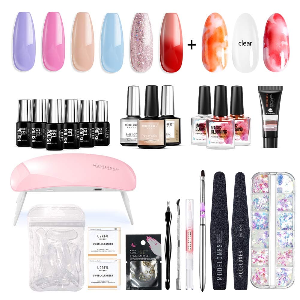 Modelones Gel Nail Starter Kit, Gift Box with 6 Color Gel Tiny Bottles 7ml, 3 Blooming Polish 10ml, Poly Nail Gel, Base and Top Coat Set 10ml Each, Mixture 10ml, 6W Mini Nail Lamp and Manicure Set