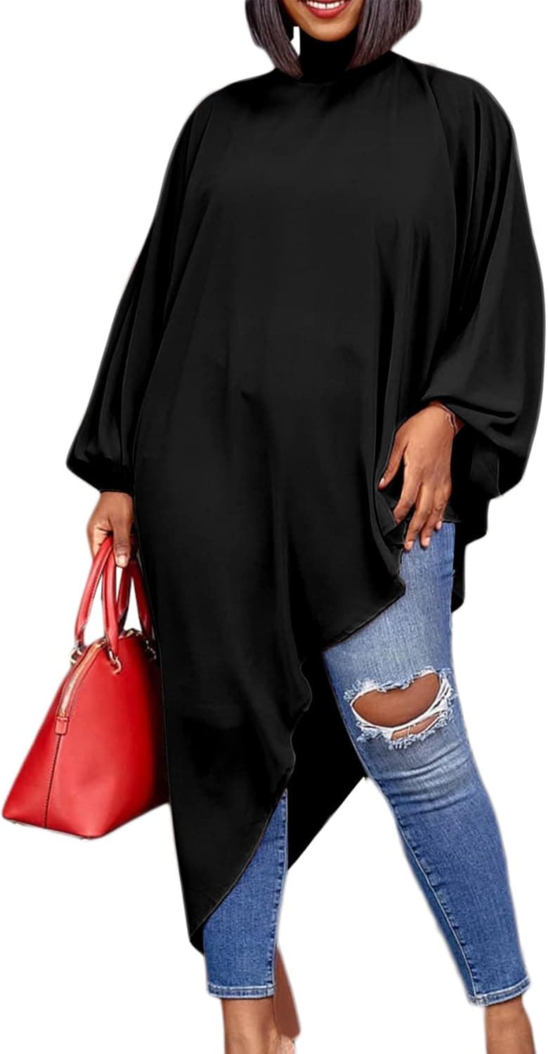 LYANER Women's Mock Neck Asymmetrical High Low Balloon Long Sleeve Long Shirt Blouse Tunic Top Black Small