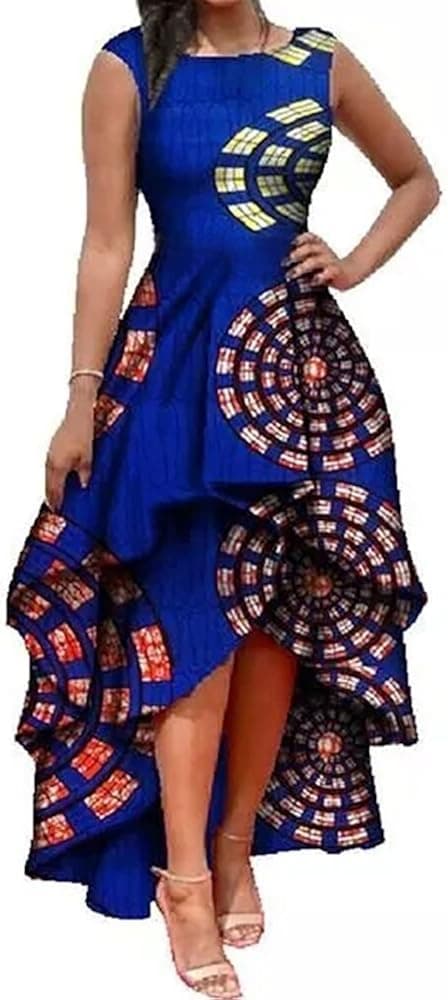 Womens African Dress Formal Prom Dashiki Print Sleeveless Peplum Fit and Flare Midi High Low Dress