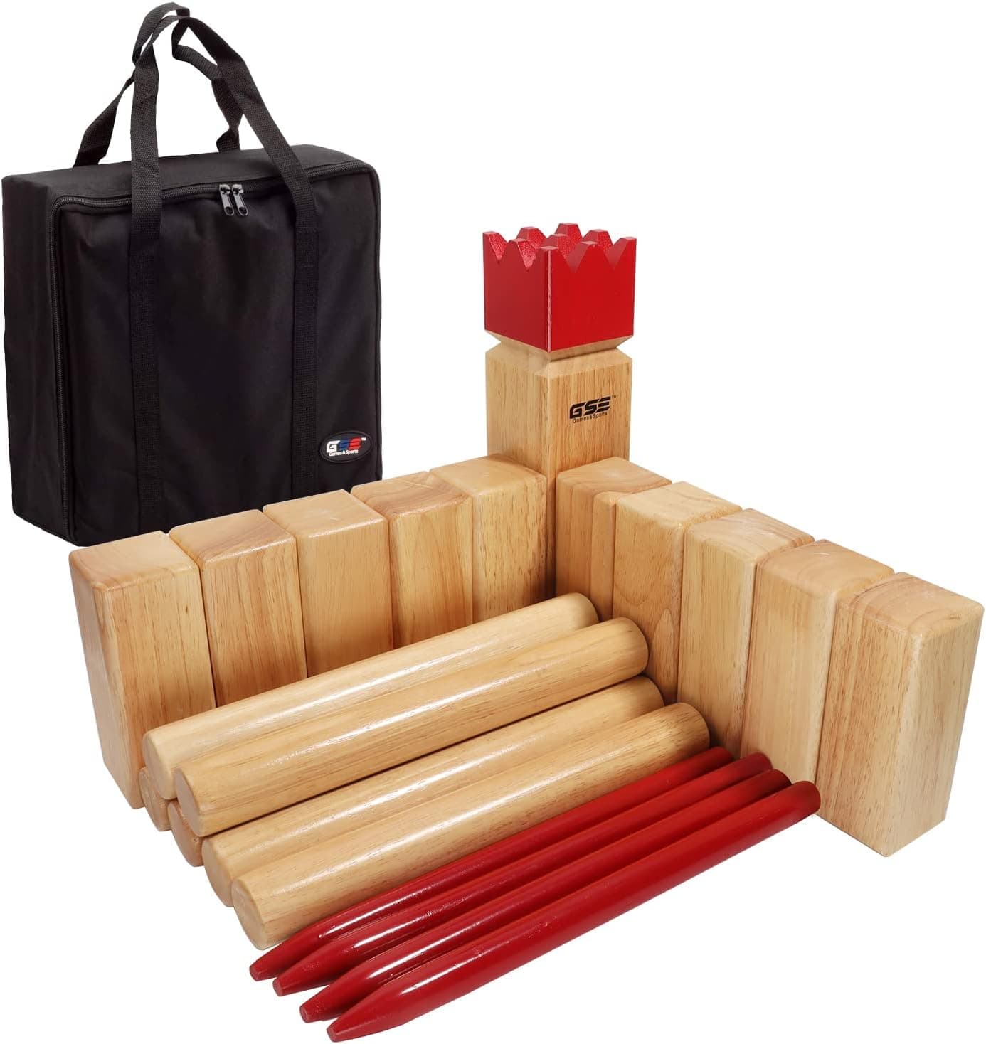 GSE Rubber Wood 12 Numbered Pins Yard Game Set, Oak Hardwood Kubb Yard Game Set,3.5-Inch Premium Oak Giant Yard Dice Set with Bucket/Carrying Bag and Yardzee & Farkle Scorecard. Outdoor Backyard Lawn Game for Kids & Adults
