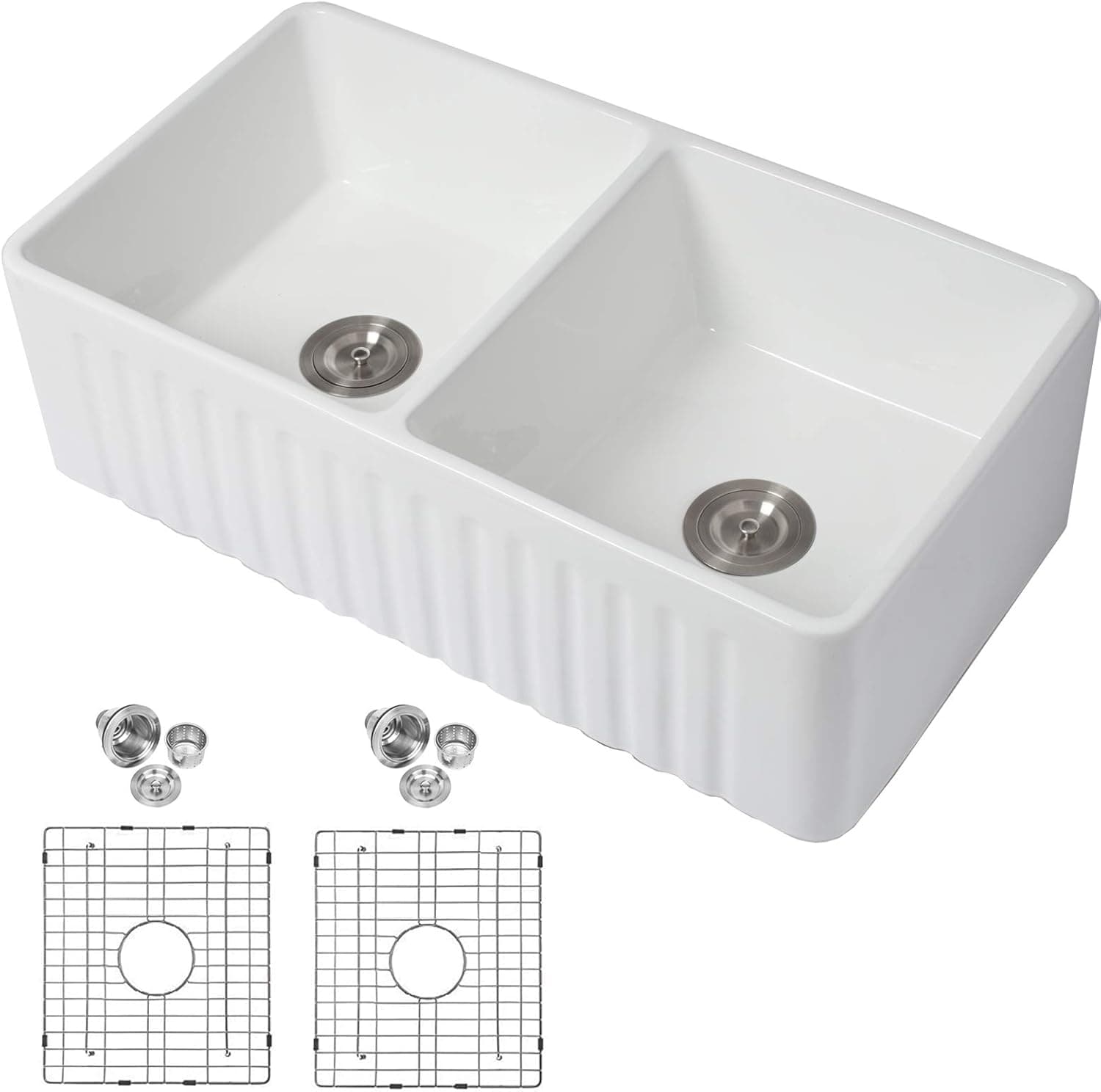 Double Bowl Farmhouse Kitchen Sink- Mocoloo 33"x18"x10" Inch 50/50 Undermount White Flat Apron Front Fireclay Equal Two Bowls Farm Sink With Protective Stainless Gird and Strainer 10" Deep Basin