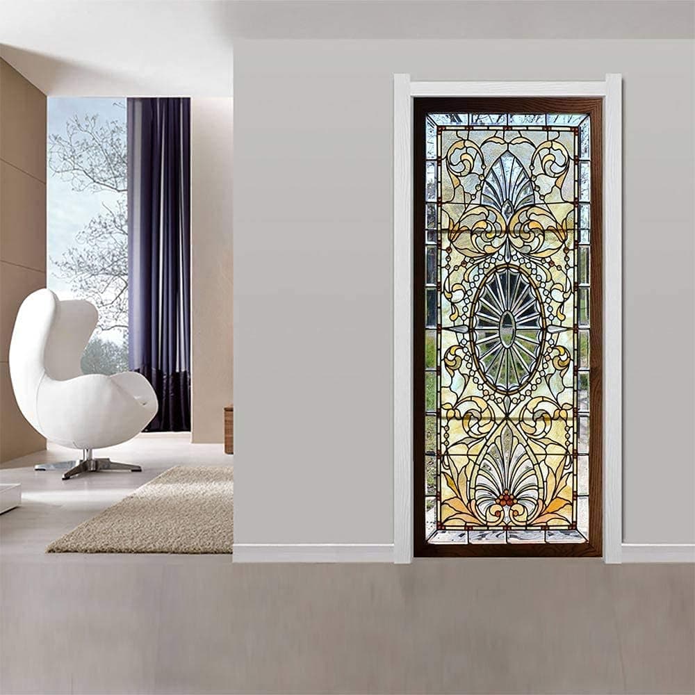 artfanke 3D Stained Glass Door Sticker Peel and Stick - Retro Wood Door Murals - Self-Adhesive Door Wallpaper - Waterproof Door Decal for Home Bedroom Decor 30.3"x78.7"