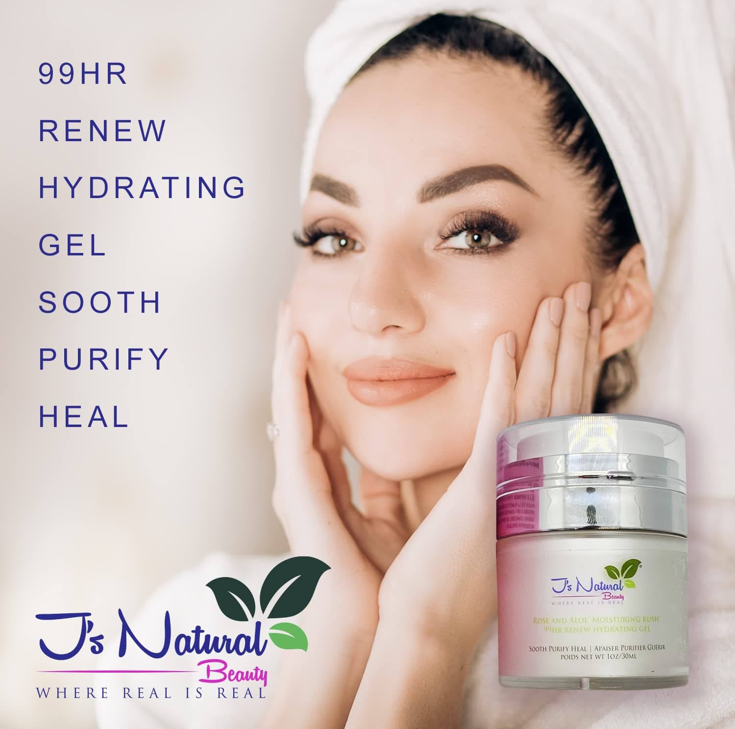 J'S NATURAL BEAUTY WHERE REAL IS REAL Unrefined Rose and Aloe Vera Moisturizing Rush 99 Hr Renew Hydration All Natural and Vegan Formula Highly Moisturizing Gel with Squalene
