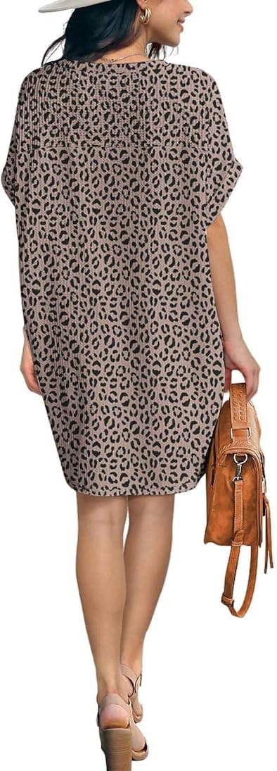 IWOLLENCE Women Waffle Knit Tunic Dress Casual Summer Short Sleeve Loose Dresses Cover Up Beach Dresses with Pocket