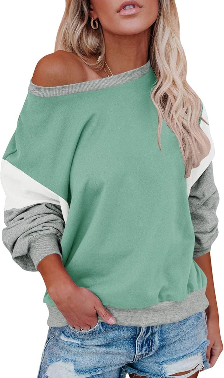 Clarisbelle Women's Batwing Sleeve Loose Color Block Sweatshirt