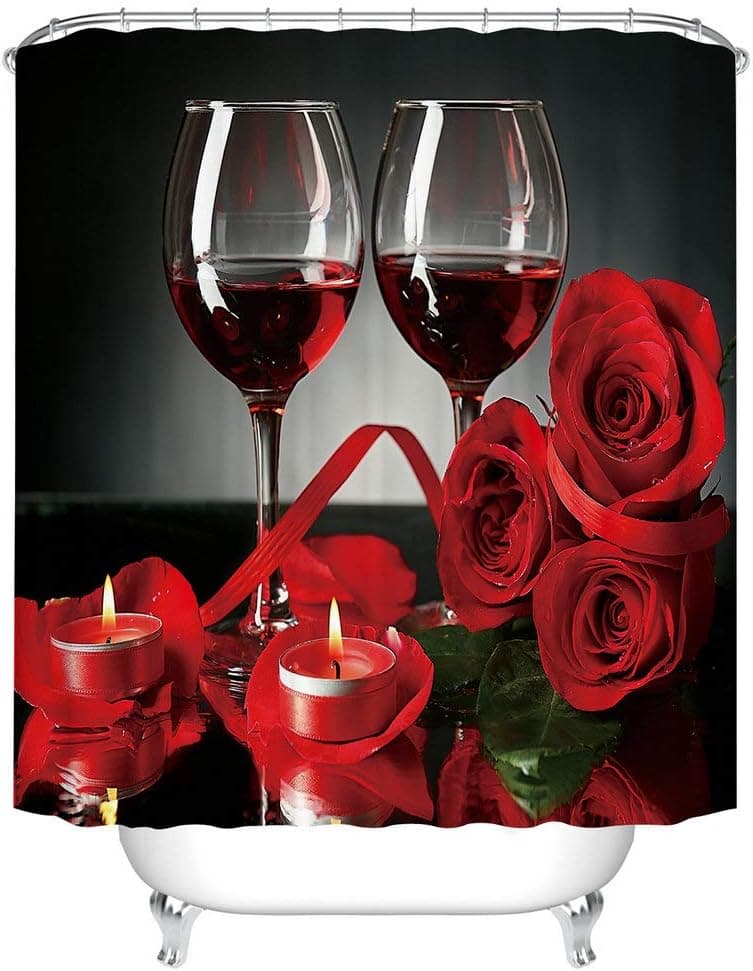 Fangkun Valentines Shower Curtain Art Bathroom Decor Red Rose Flowers and Wine Design - Polyester Fabric Bath Curtains Set - 12pcs Shower Hooks - 72 x 72 inches