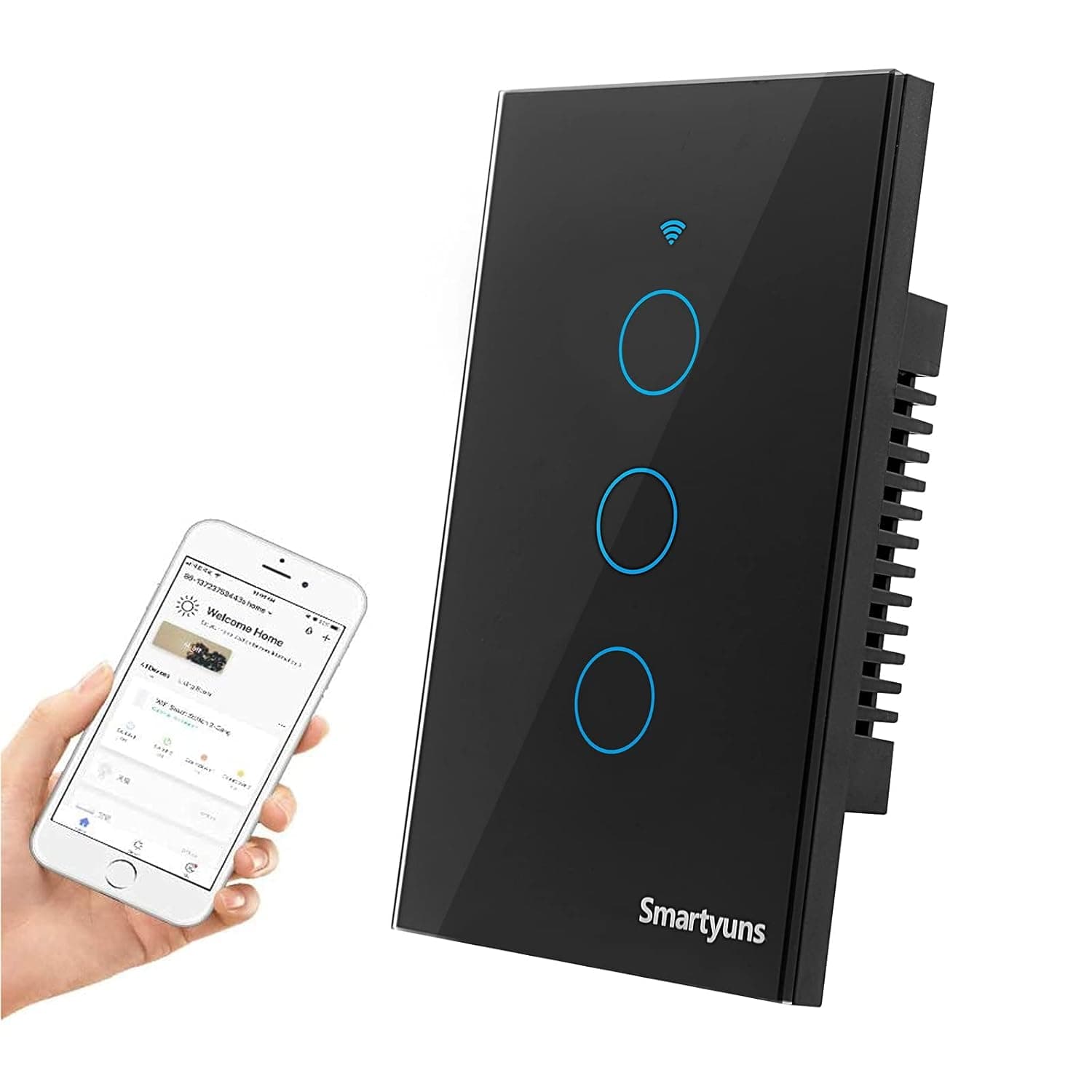 Smartyuns WiFi Smart Light Switch Black, Touch Light Switch with LED Indicator, US Standard Wall Switch Compatible with Alexa, Google Assistant,"SmartLife" APP(3 Gang Light Switch Black)