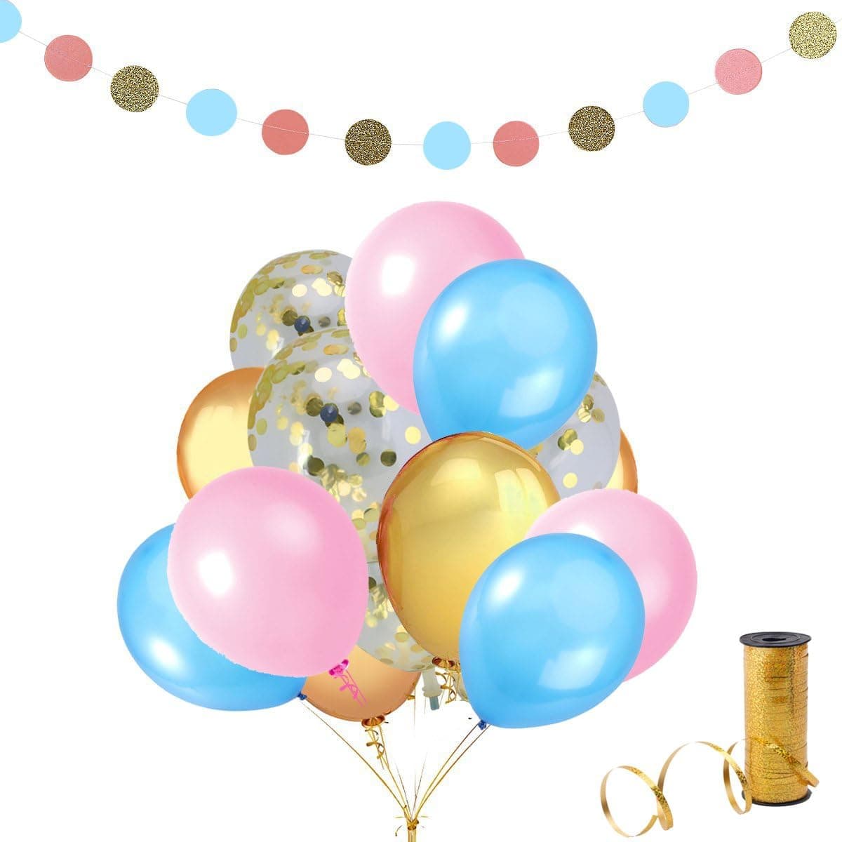 37 PCS Gold Confetti Balloons and Blue, Gold & Pink Color Latex Balloons,Glitter Paper Garland,Gold Balloon Ribbon for Wedding Birthday Party Decorations Supplies