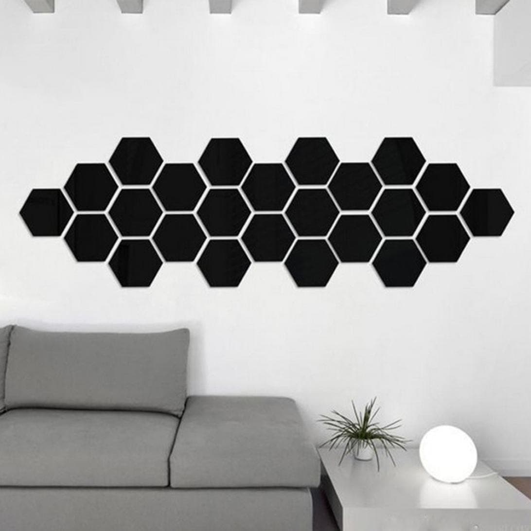 Auwer 12Pcs Fashion 3D Hexagon Pattern DIY Modern Acrylic Mirror Wall Stickers Floor Stickers Light Weight Vinyl Art Mural Decals for Kids Room Living Room Home Decor DIY Decorative Removable (Black)