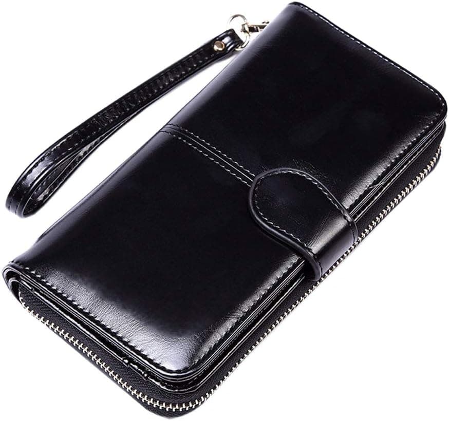 Women's RFID Blocking Wristlet Large Luxury PU Leather Phone Clutch Zip Wallet Multi Card Organizer Long Purse (Black)