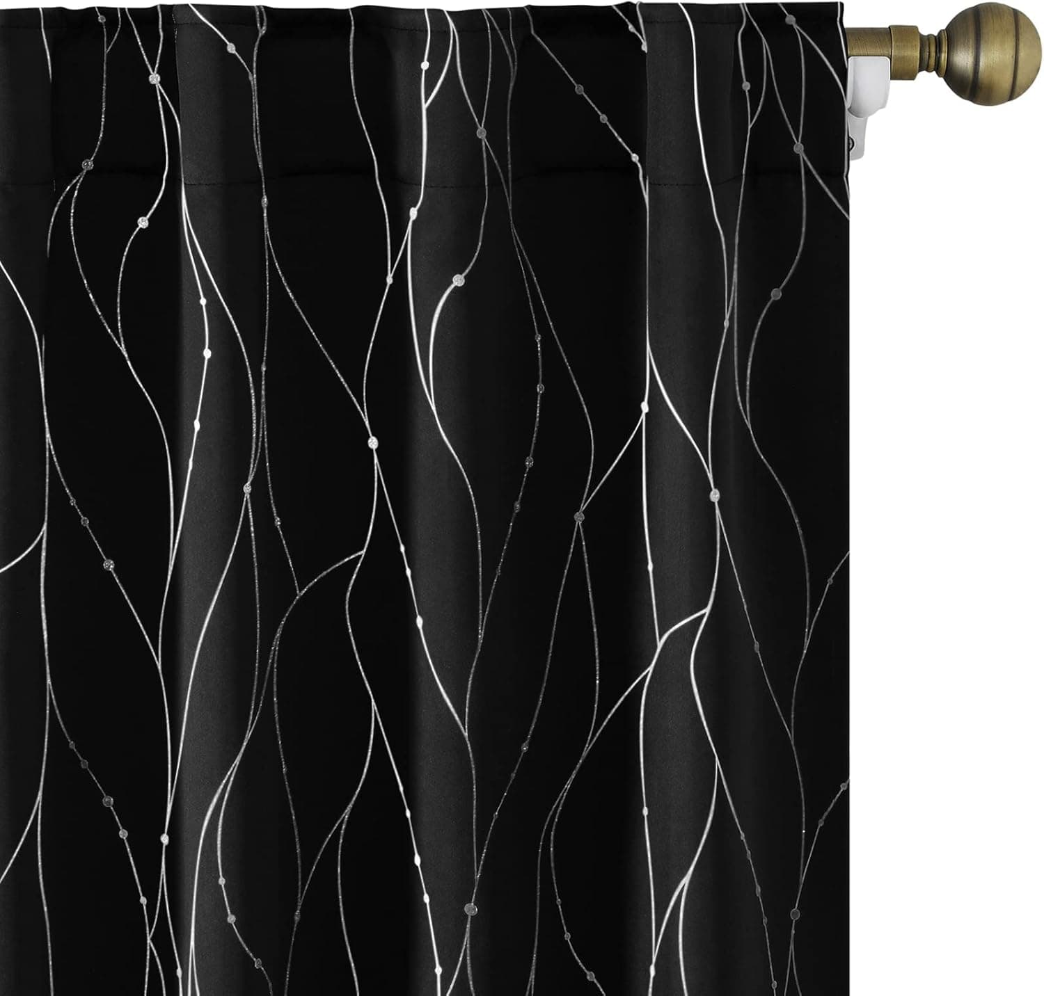 HOMEIDEAS Black Blackout Curtains 52 X 84 Inches Long 2 Panels Silver Wave Line with Dots Printed Back Tab Room Darkening Curtains, Pocket Thermal Light Blocking Window Curtains for Bedroom