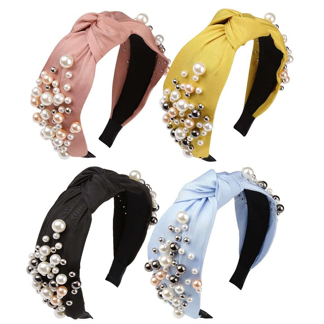 AOPRIE Pearl Headbands for Women Black Pink Yellow BlueTurban Headbands for Women Knotted Wide Headbands for Women Knot Headband 4 Pack Cintillos de Pelo Para Mujeres