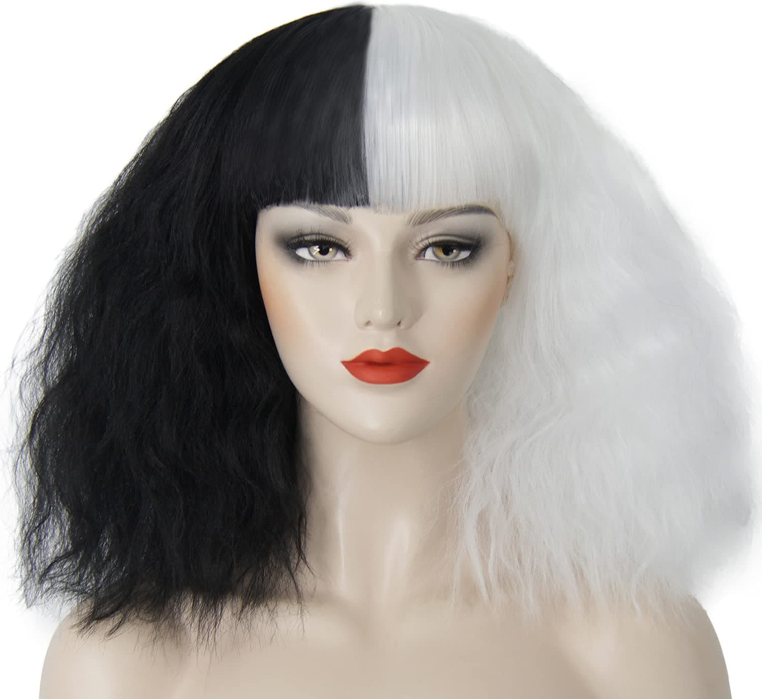ELIM Cruella de Vil Wigs for Women Black and White Wig with Bangs Short Fluffy Wavy Curly Synthetic Hair Wigs for Party Cosplay Costume Halloween Z079WB