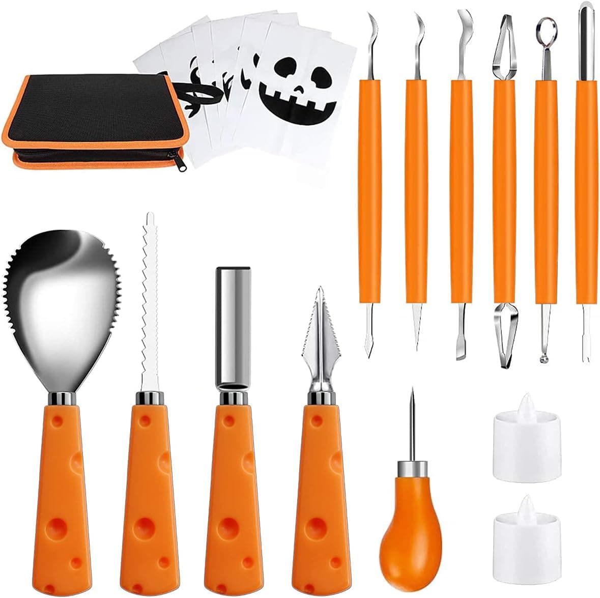 Picy Halloween Pumpkin Carving Tools, Professional Pumpkin Carving Kit with Carrying Case, 2 LED Candles 10 Stencils, Stainless Steel Pumpkin Cutting Supplies Tools Carving Knife for Halloween Decor