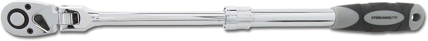 Steelman Pro 1/2-inch Drive 72-Tooth Extendable Flex-Head Ratchet (13.5-19-Inch Length), Heat-Treated Chrome-Vanadium Steel, Quick Release, Comfort Grip, Ideal for Auto Mechanics/Confined Spaces