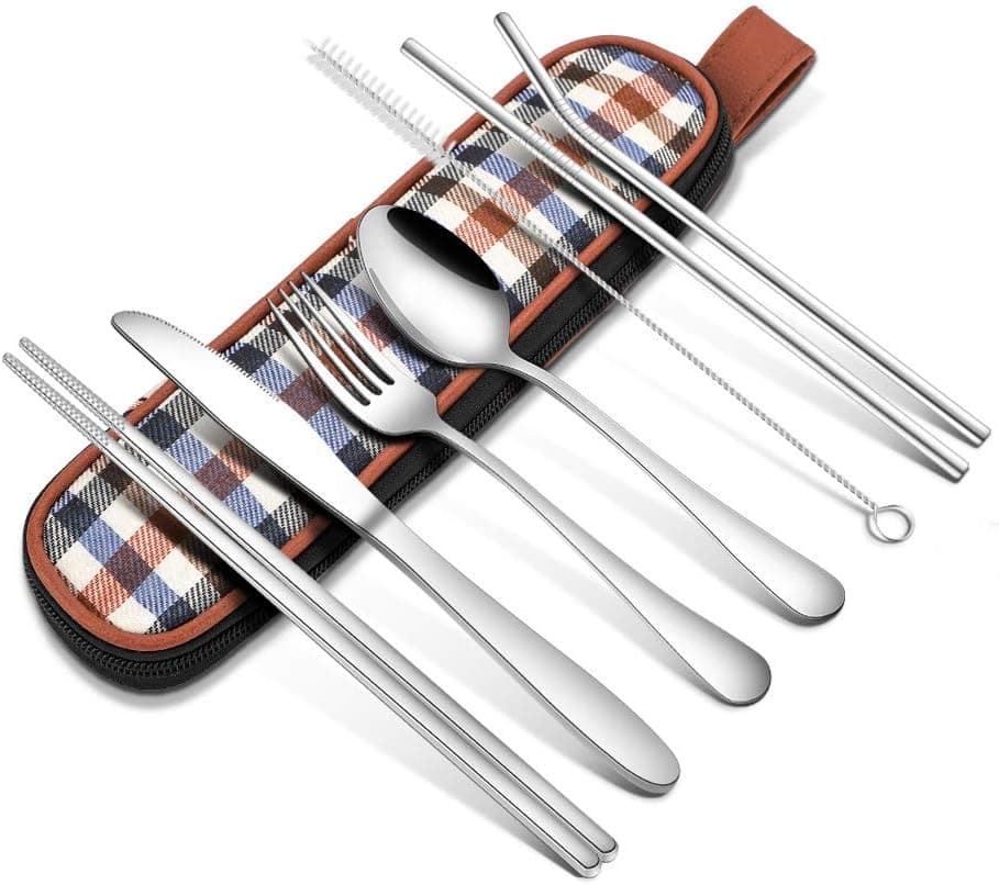 Travel Utensils Silverware with Case, Camping Cutlery set,Chopsticks and Straw for Camping, Portable Flatware Cutlery Set with Case,Stainless steel Travel Utensil set 8 Piece (lattice)