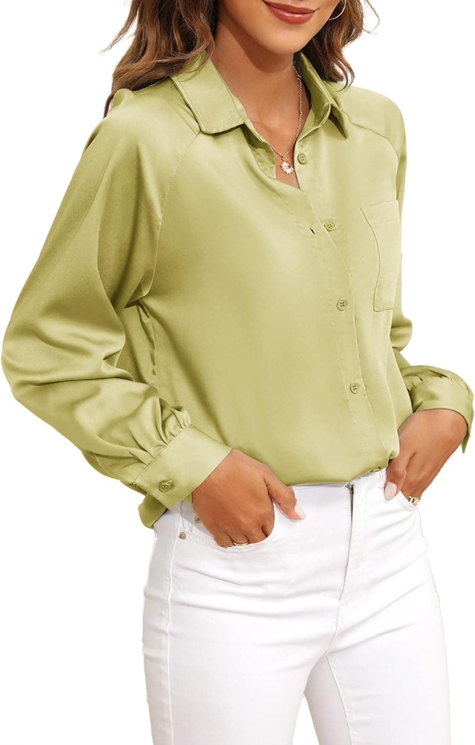 Heuony Womens Satin Silk Blouses Long Sleeve Button Down Shirts Work Office Silky Casual Loose Blouse Top Elegant Shirt