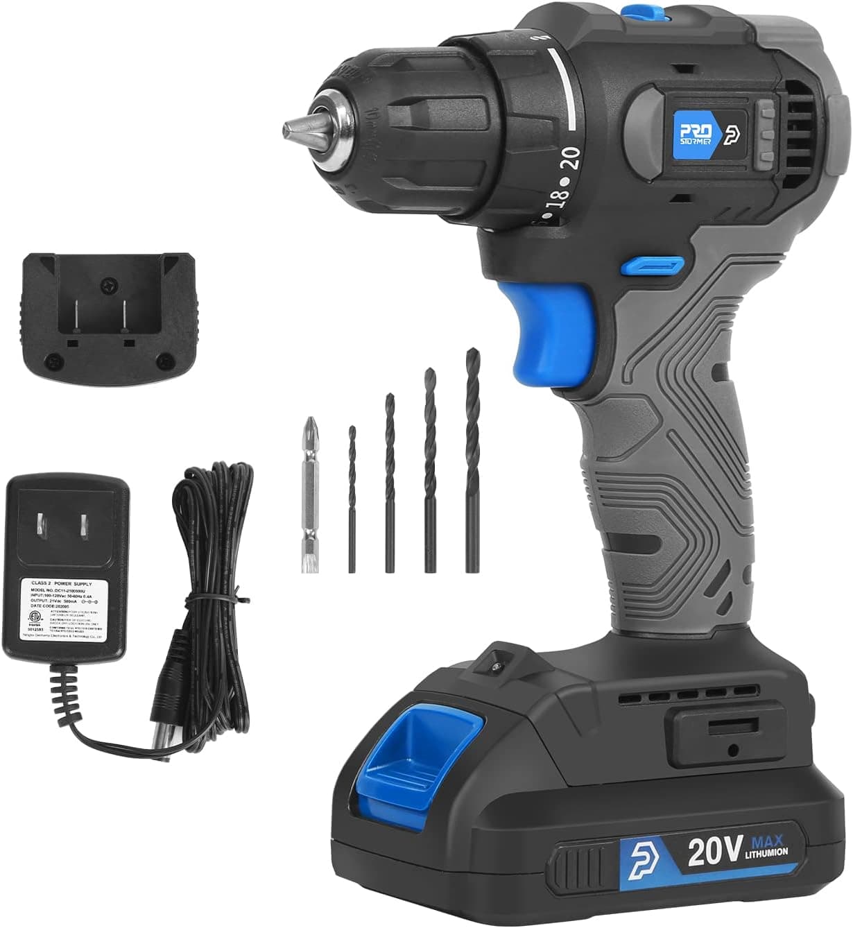 Cordless Drill Set, 20V Electric Power Brushless Drill with 3/8” Keyless Chuck, Battery and Charger, 20+1 Torque Setting, 400In-lbs, 0-1500RPM 2 Variable Speed, 5pcs Drill Bits