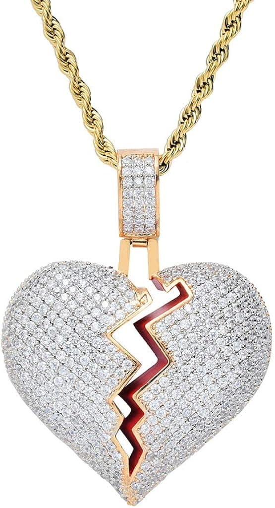 TSANLY Broken Heart Pendant Necklace Hip Hop CZ Fully Iced Out Bling CZ Diamond 24K White Gold Plated with 24" Stainless Rope Chain
