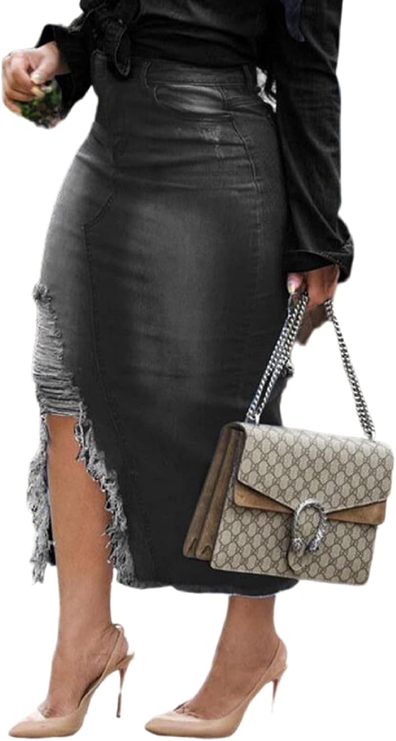 Womens Casual Slit Denim Midi Jean Skirt Stretch High Waist Frayed Blue Jean Skirt with Pockets