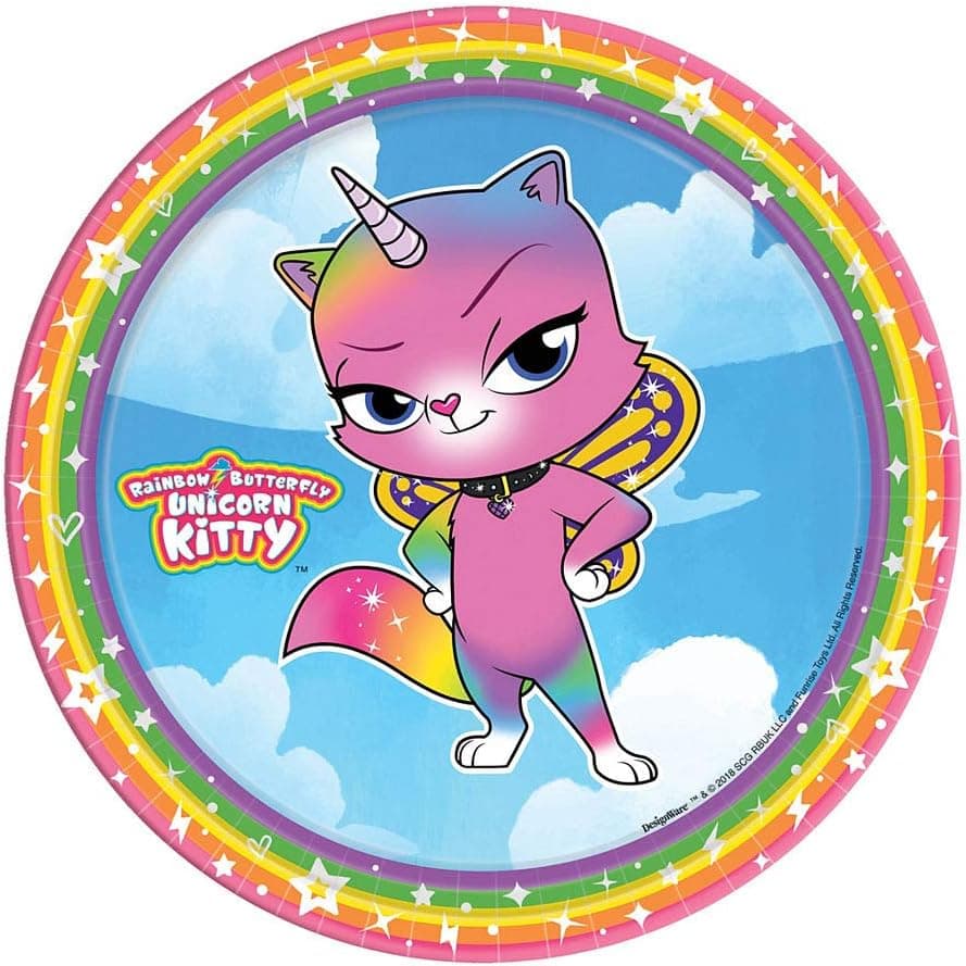 Rainbow Kitty Party Supplies With Plates, Napkins, Cups, Utensils and Bonus Printed Ribbon