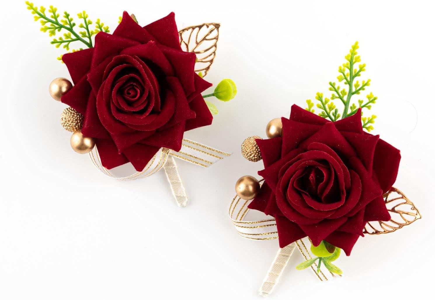 BASIMAN Boutonniere for Men Wedding,Red Rose Corsage for Best Men Groom Groomsmen Wedding Prom (2Pcs Red Boutonniere)