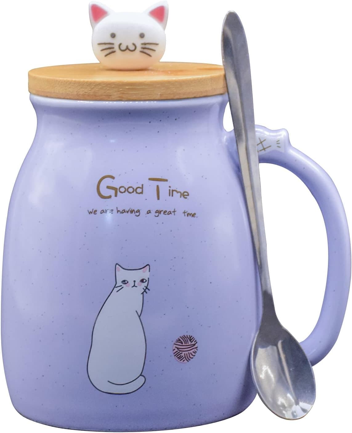 Cat Mug Cute Ceramic Coffee Mug with Lid Stainless Steel Spoon Kawaii Cup 15oz Cat Coffee Mugs with Lovely Kitty Wood Lid Milk Mug Gift for Cat Lovers Girl Kids Women (Purple)