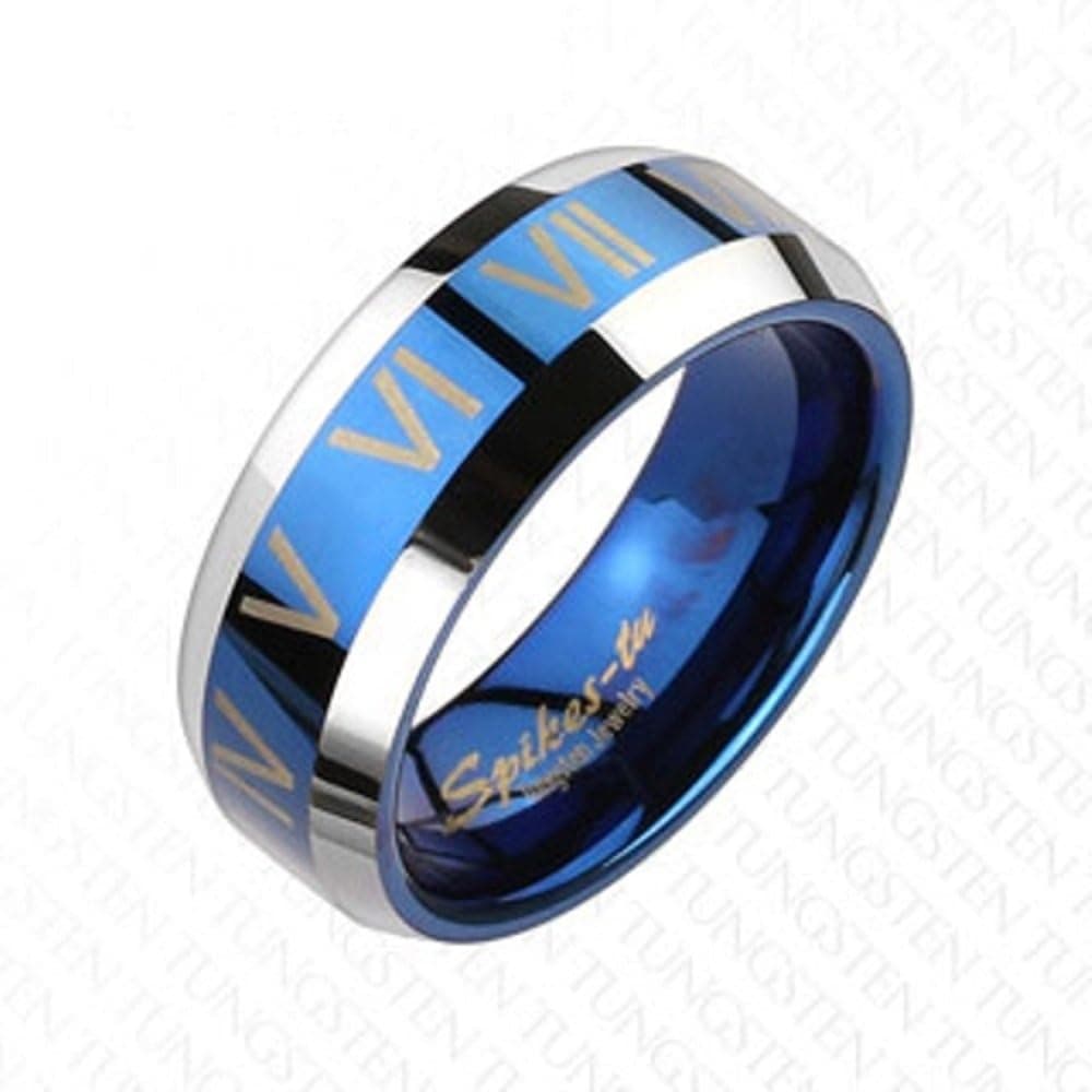 Lanyjewelry Tungsten Rose Blue IP w/Roman Numerals Beveled Mens Ring