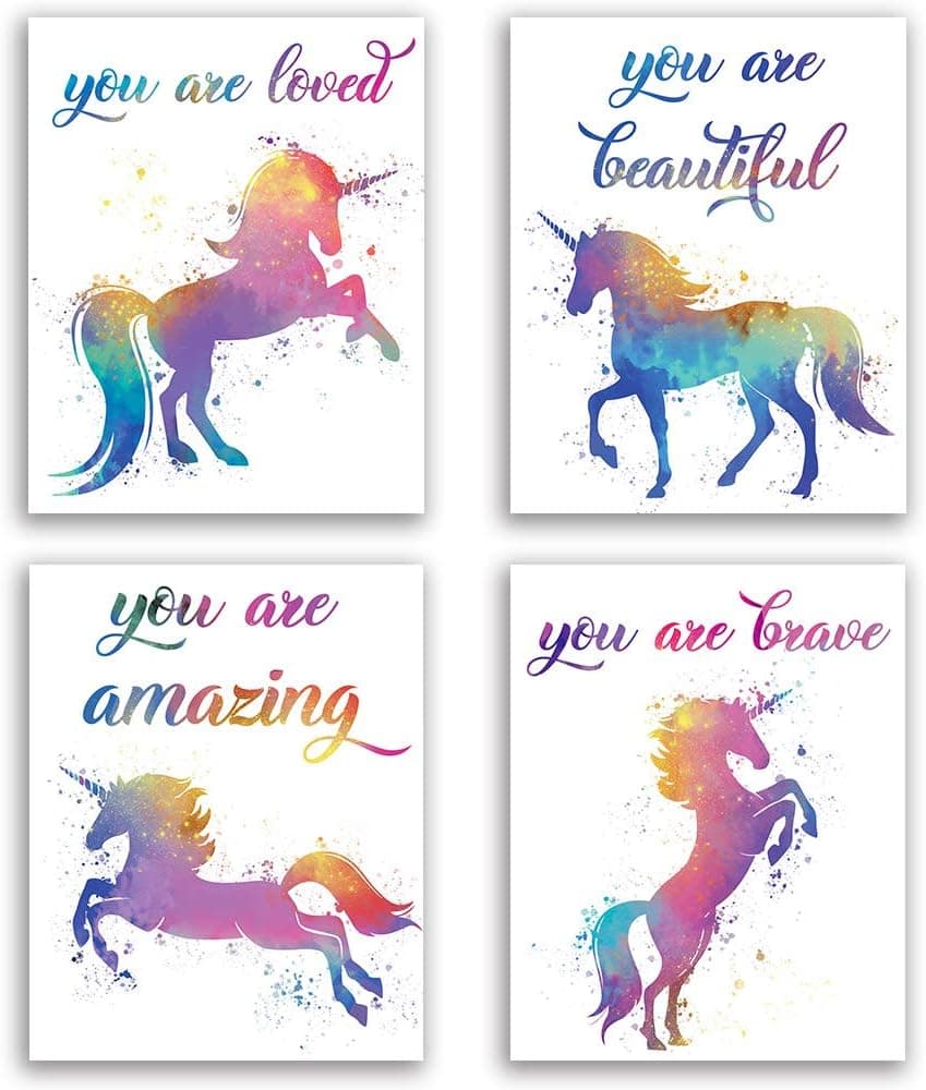 CHIEN-CHI LILI Unicorn Inspirational Words Watercolor Art Print Set of 4 (8”X10”), Unicorn art Poster for Nursery, girls Kids Bedroom Home Wall Decor, No Frame (You are amazing)