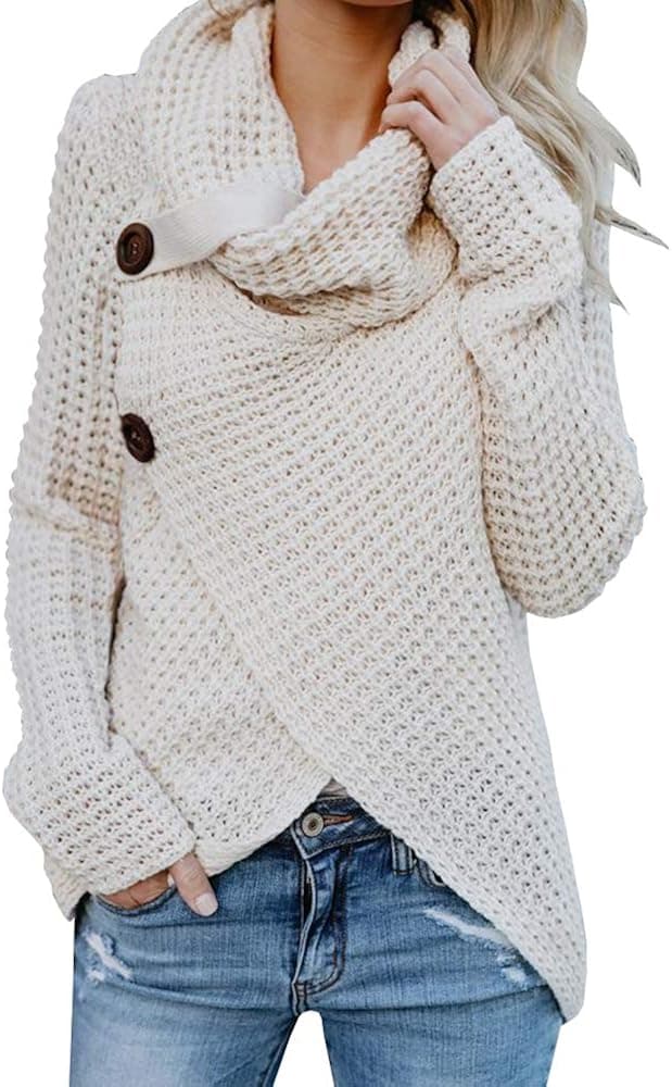Shele Womens Turtleneck Sweater Warm Cable Knitted Loose Button Wrap Asymmetrical Pullover Tops