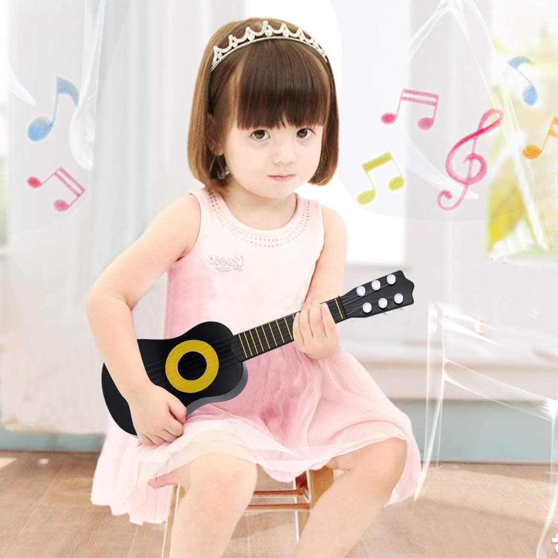 WEY&FLY Kids Toy Guitar 6 String, Baby Kids Cute Guitar Rhyme Developmental Musical Instrument Educational Toy for Toddlers (Black/Gold)