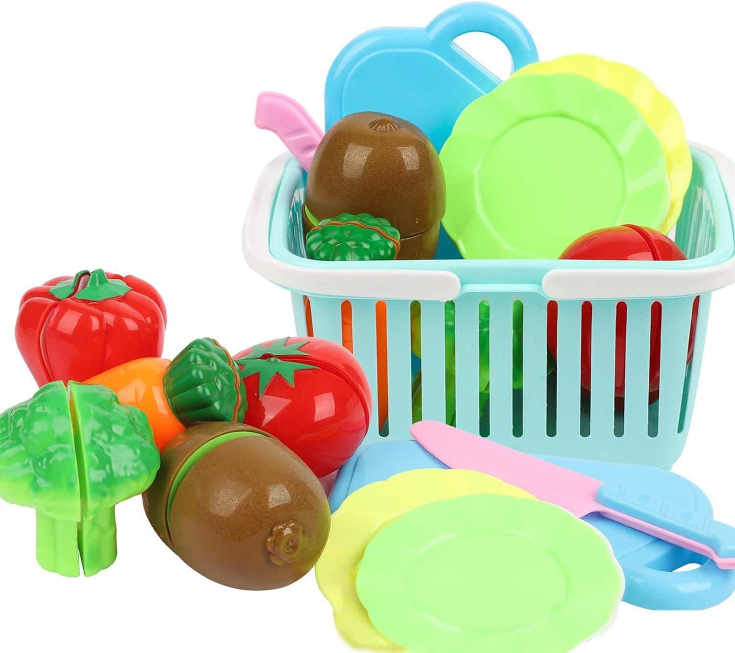 JhyHome Kitchen Toys Fun Cutting Playset Fruit Vegetables Pretend Food Toys with Plastic Grocery Basket for Kids, Educational Play Food Set for Children (10pcs)
