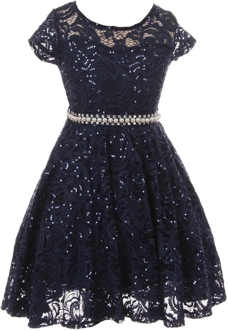Short Sleeve Lace Glitter Skater Pearl Belt Special Occasion Flower Girl Dress