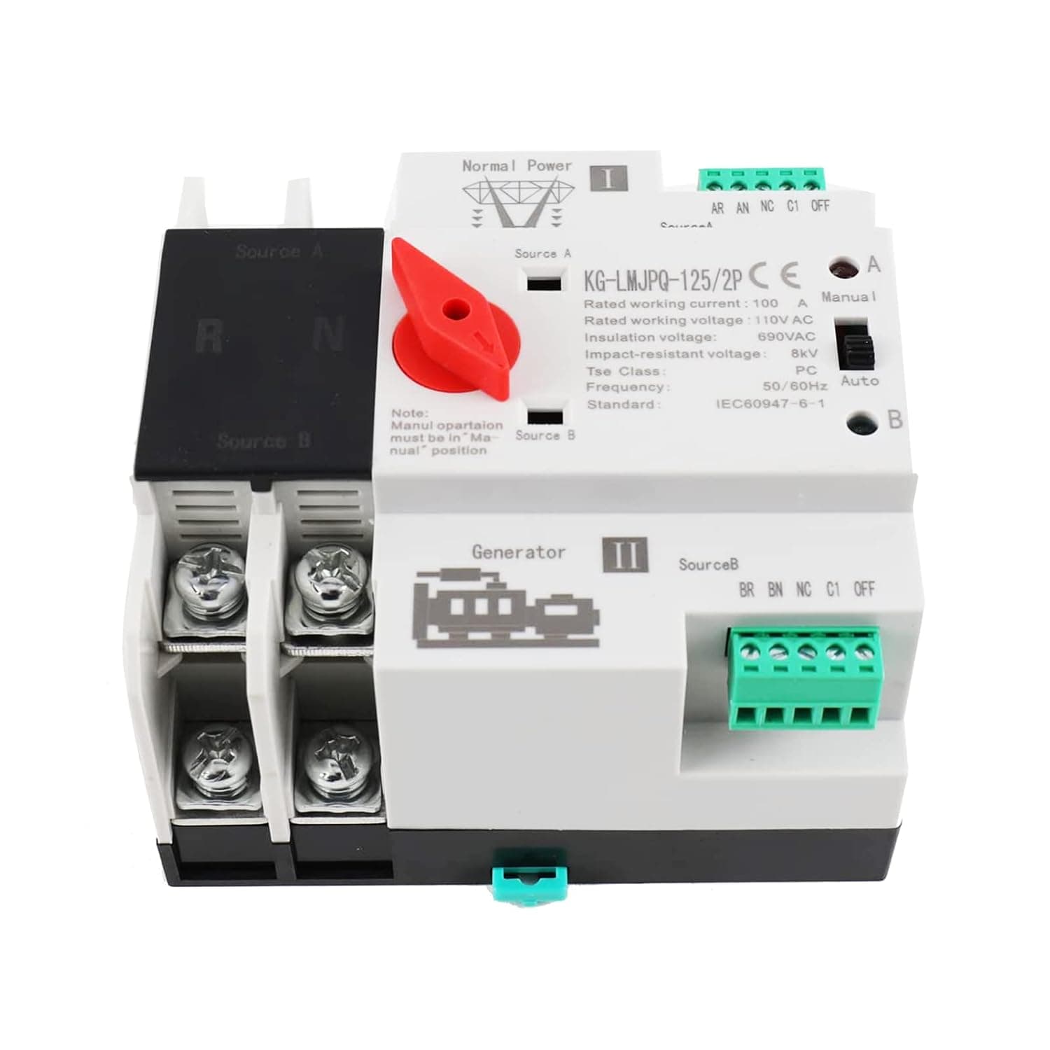MECCTP Fast Switching Mini 2P 100A Dual Power Automatic Transfer Switch Industry Toggle Switch 110V 50Hz/60Hz, Silver, colorModelsize (MECCTP11)