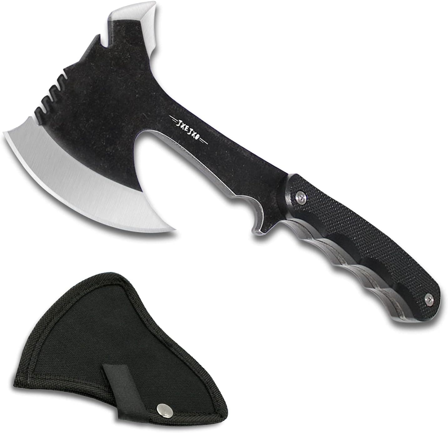 JXE JXO Throwing Axe, Overall 9.8in w/ 3.7in Blade, Full Tang 420HC Stainless Steel Tactical Tomahawk with Spike, Design for Hawks Throwing Recreation and Competition