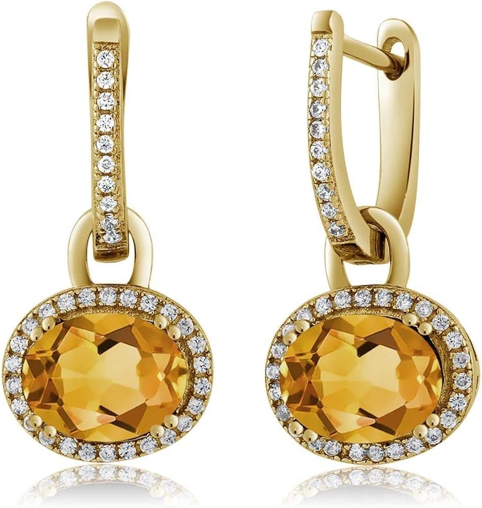 Gem Stone King 18K Yellow Gold Plated Silver Stunning Oval Gemstone Birthstone Dangling Earrings