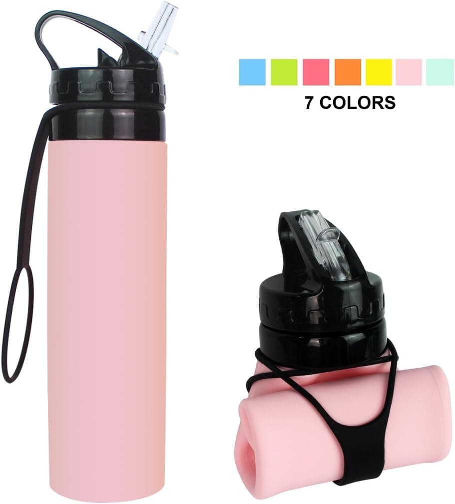 YUANFENG Collapsible Water Bottle, BPA-Free, Leak-Proof Lightweight Silicone Sports Travel Camping Water Bottles 20oz (pink)