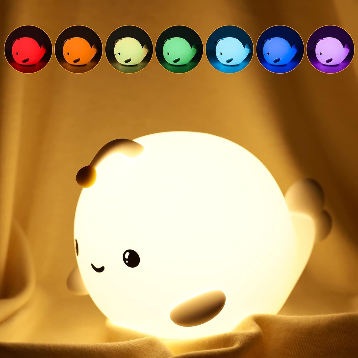 Night Light for Kids Room, Cute Night Light with 7 Color Changing and Tap Control, Rechargeable Portable Squishy Silicone Bubble Fish Nightlight Gifts for Fathers Day Baby Boys Girls Toddler Children
