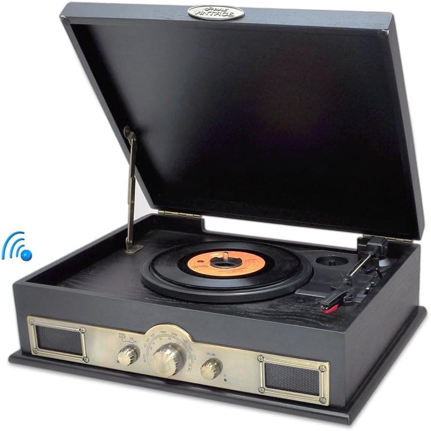 Pyle Bluetooth Compatible Classic Vintage Turntable - Retro Briefcase Style Record Player Speaker System w/ 3-Speed, USB to PC, Vinyl to Digital MP3 Converter, AUX, RCA, AM FM Radio PTT30BK (Black)
