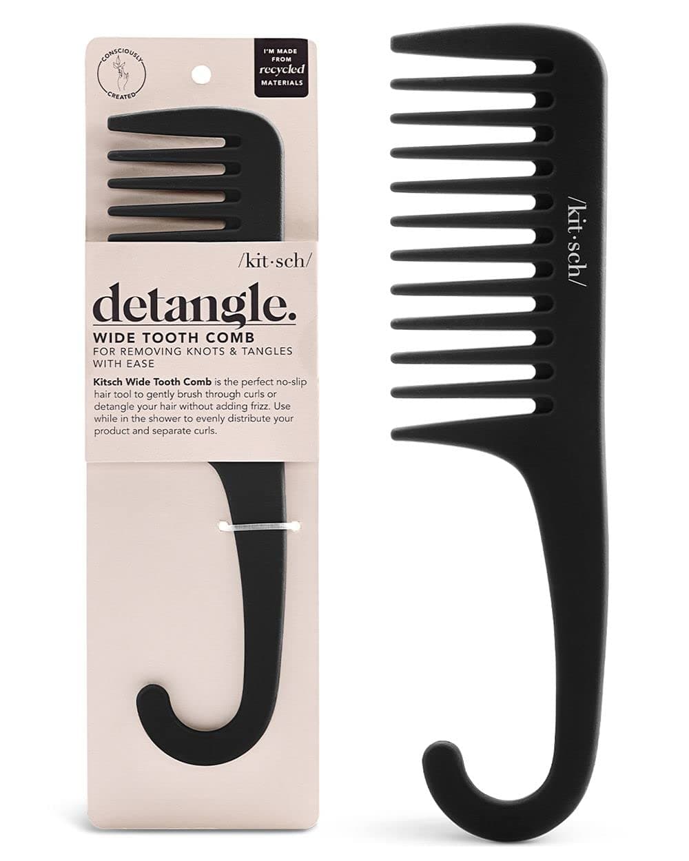 Kitsch Wide Tooth Comb for Curly Hair - Detangler Hair Combs for Women | Extra Wide Tooth Comb for Wet Hair with Curved Handle | Detangling Comb & Hair Comb for Thick Hair | Shower Comb, Black