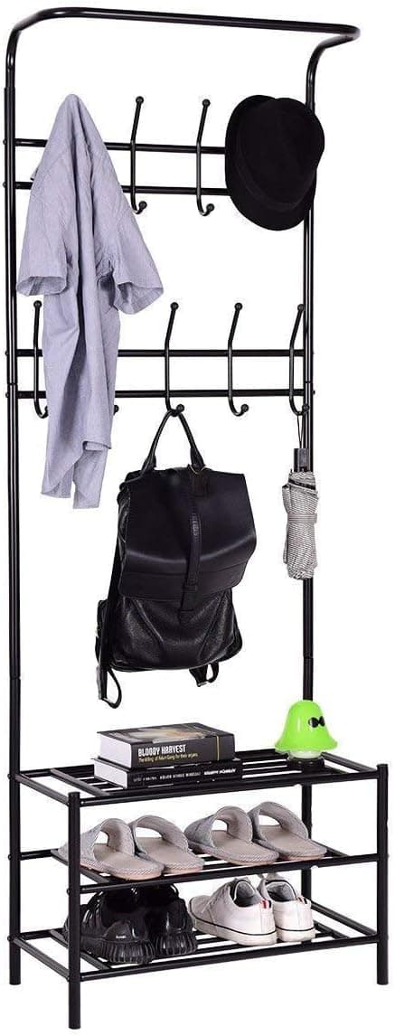Tangkula Entryway Hall Tree Multi-Purpose Metal Coat and Shoe Bench Rack 3-Tier Storage Shelves Bag Clothes Umbrella and Hat Rack for Entryway Corner Hallway Garment Rack (9 Hooks)
